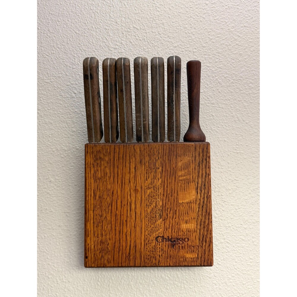 Vintage Chicago Cutlery 103S Steak Knife Set Wall Mount Wood Block